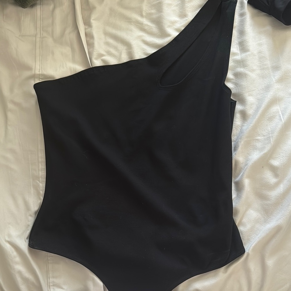 Timing Black Asymmetrical Bodysuit Top